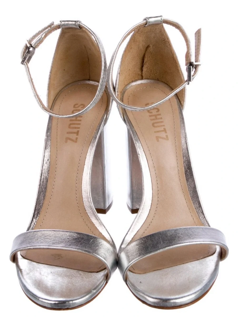 SCHUTZ Silver Metallic Ankle-Strap Block Heels